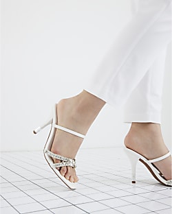 White Diamante Cross Strap Mule Heel Sandals