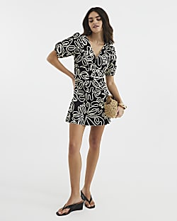 Black Short Puff Sleeve Floral Mini Dress