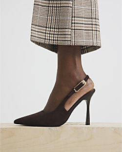 Brown Faux Suede Slingback Buckle Court Heels