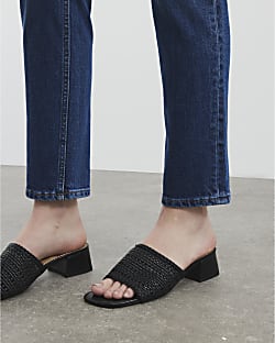 Black Woven Block Heel Mule Sandals