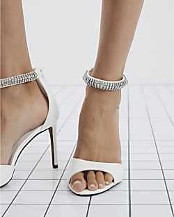 White Embellished Strap Peep Toe Heels