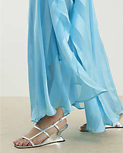 Silver Flared Strappy Wedges