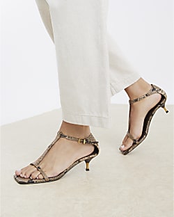 Brown Snake Print Kitten T Bar Sandals