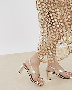 Gold Cross Strap Toe Loop Heeled Sandals