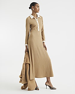 Beige Long Sleeve Button Down Midi Dress
