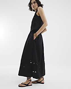 Black Broderie Cutwork Maxi Skirt