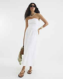 White Pleated Bodice Bandeau Midi Dress