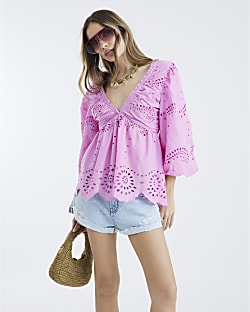 Pink V-neck Mid Sleeve Broderie blouse