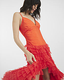 Orange Sleeveless Tulle Ruffle Midi Dress