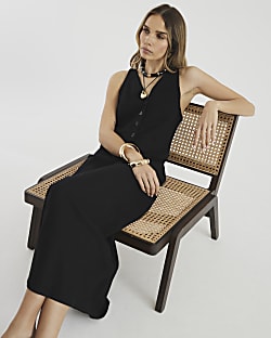 Black Linen Blend Waistcoat Midi Dress