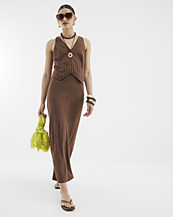 Brown Sleeveless Stripe Waistcoat Midi Dress