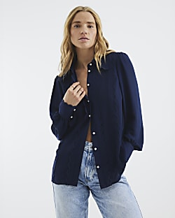 Navy Scallop Detail Chiffon Shirt