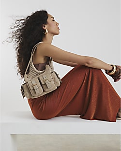 Beige Faux Suede Buckle Pocket Utility Bag