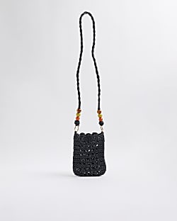 Black Raffia Beaded Cross Body Phone Pouch
