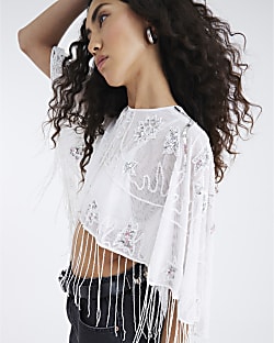 White Sleeveless Beaded Fringe Cape Top