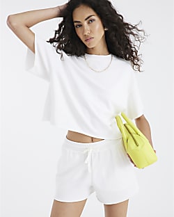 White Ribbed Panel Runner Shorts