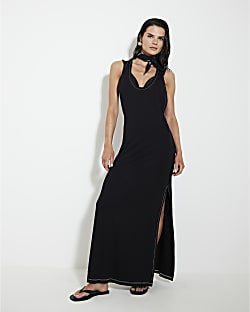Black Side Split Jersey Maxi Dress