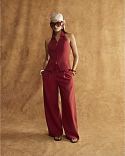 Red Linen Blend Wide Leg Trousers