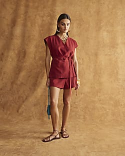 Red Off Shoulder Wrap Tie Tunic Top