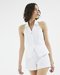 White Linen Blend Halter Neck Top