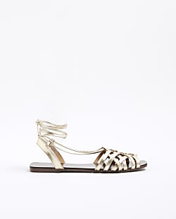 Gold Leather Wide Fit Caged Tie Up Sandals