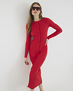 Red Long Sleeve Button Through Midi Dress