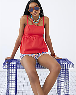 Red Sleeveless Tie Back Peplum Cami Top