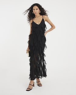 Black Sleeveless Ruffle Midi Dress