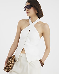White Sleeveless Halter Neck Waistcoat Top
