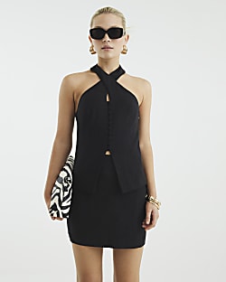 Black Linen Blend Mini Skirt