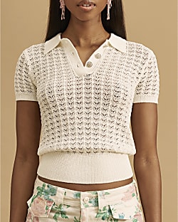 White Diamante Trim Crochet Polo Top