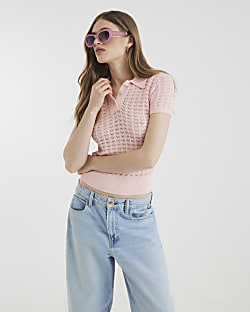 Pink Diamante Trim Crochet Polo Shirt