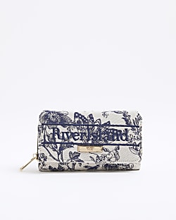 Navy Floral Flap Front Zip Around Purse
