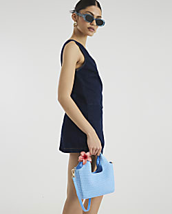 Blue Small Raffia Charm Tote Bag