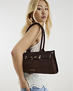 Brown Faux suede Buckle Shoulder Bag