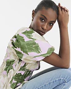 Pink And Green Puff Sleeve Floral Shirred Top