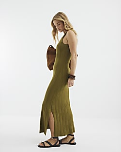 Khaki Buckle Strap Knit Maxi Dress