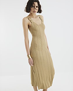 Gold Buckle Strap Knit Maxi Dress