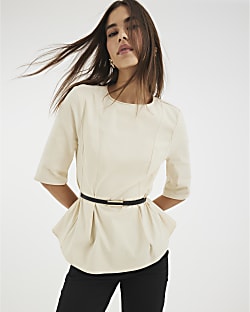 Beige Short Sleeve Belted Top