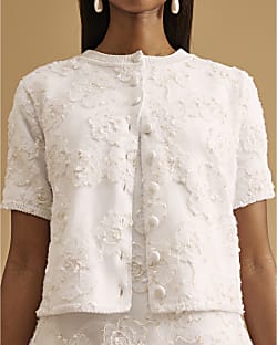 White Short Sleeve Floral Overlay Cardigan