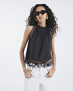Black Sleeveless Lace Hem Cami Top