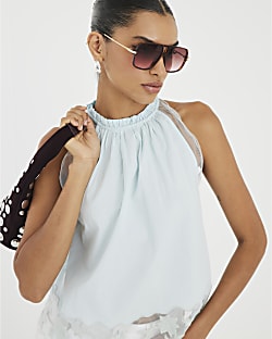 Blue Halter Neck Lace Hem Cami Top