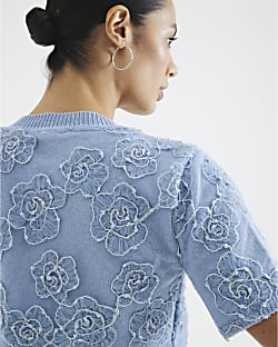 Blue Short Sleeve Floral Overlay Cardigan