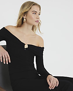 Black Long Sleeve Twist Trim Bardot Top