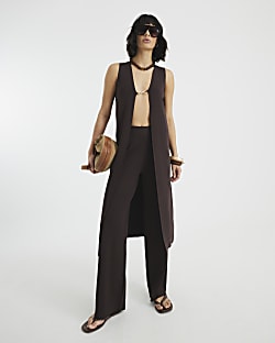 Brown Knit Sleeveless Longline Waistcoat