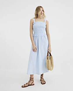 Blue Shirred Midi Dress