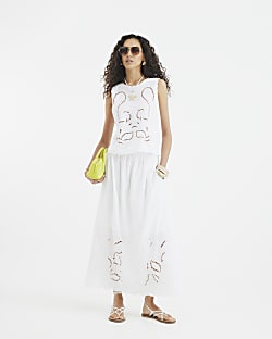White Broderie Cutwork Maxi Skirt