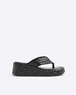 Black Raffia Platform Wedge Sandals