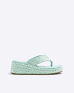 Aqua Raffia Platform Wedge Sandals