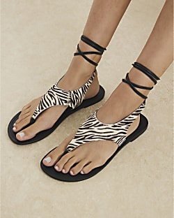 Black Leather Zebra Print Strappy Sandals